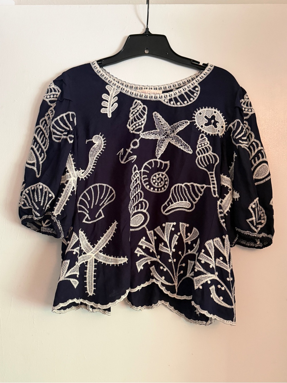 Embroidered Nautical Seashell Starfish Coastal Resort Blouse - Medium